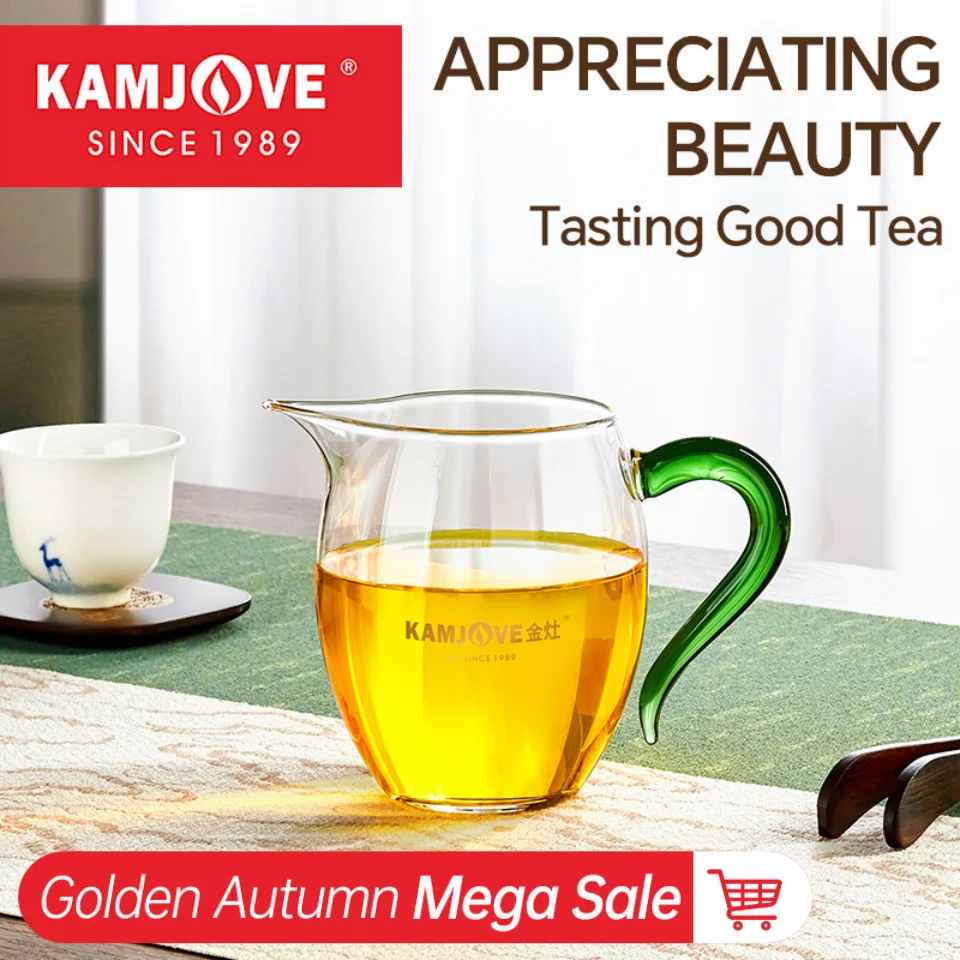 KAMJOVE 350ml Transparent Glass Fair Cup with Handle Heat-Resisting KungFu Tea Cup GO-23 Tea Filter Tea Set Cha Hai Justice Cup