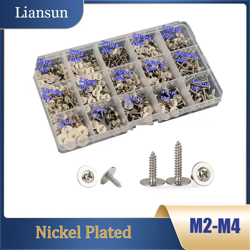 

Набор саморезов с круглой головкой и шайбой, 250 шт., M2, M2.3, M2.6, M3, M4, никелированные, с крестообразным шлицем Phillips