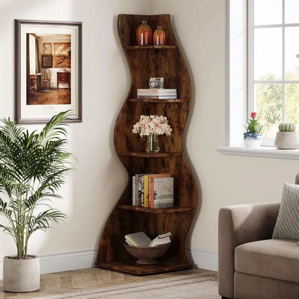 

Tribesigns Wavy Corner Shelf, Modern Bookshelf Bookcase with Curvy Shape, Unique Plant Stand Display Rack for Living Room