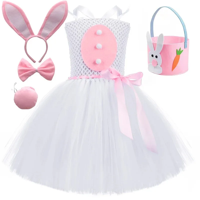

White Pink Bunny Costumes for Baby Girls Birthday Halloween Dresses for Kids Easter Holiday Outfit with Rabbit Ears Handbasket