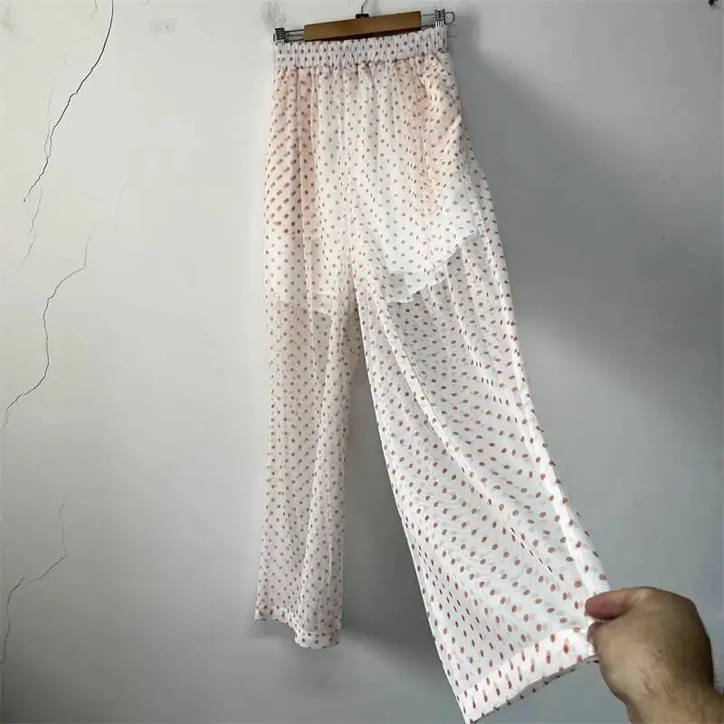 Polka Dot Sheer Mesh Wide Leg Pants Mens Elastic Waist Loose Light Drape Tailored Niche Soft Daily Casual Bottom LU96