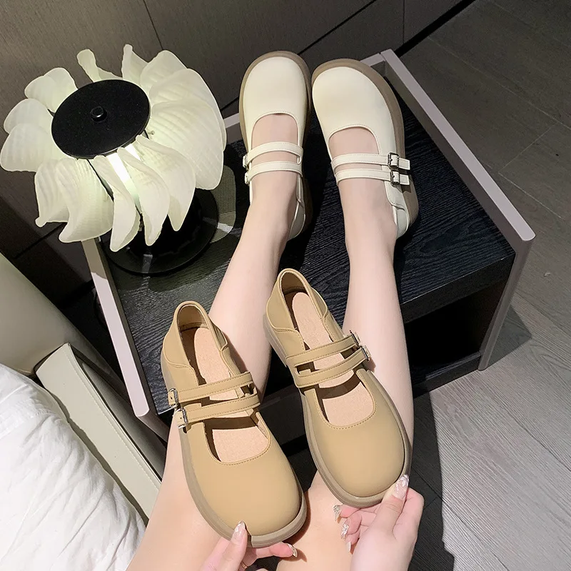 Women French  New Summer One Line with Round Toe Soft Sole Single Shoe Japanese Small Leather Shoes for Women