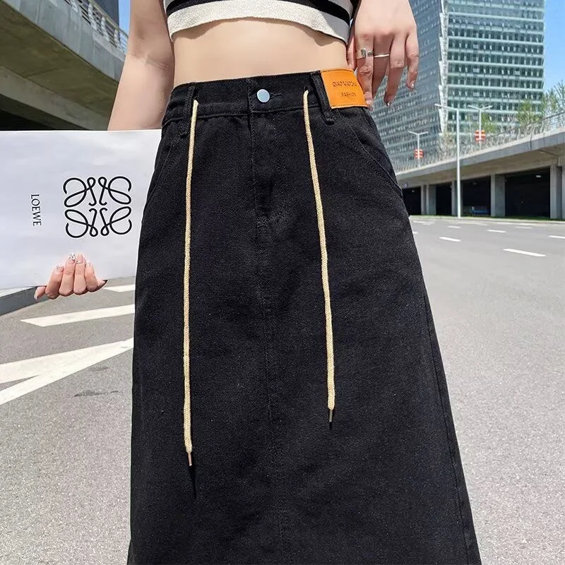 

Джинсовая юбка с высокой талией и разрезом, женская осенняя модная утягивающая груша, универсальная длинная юбка трапециевидной формы, повседневная удобная посадка