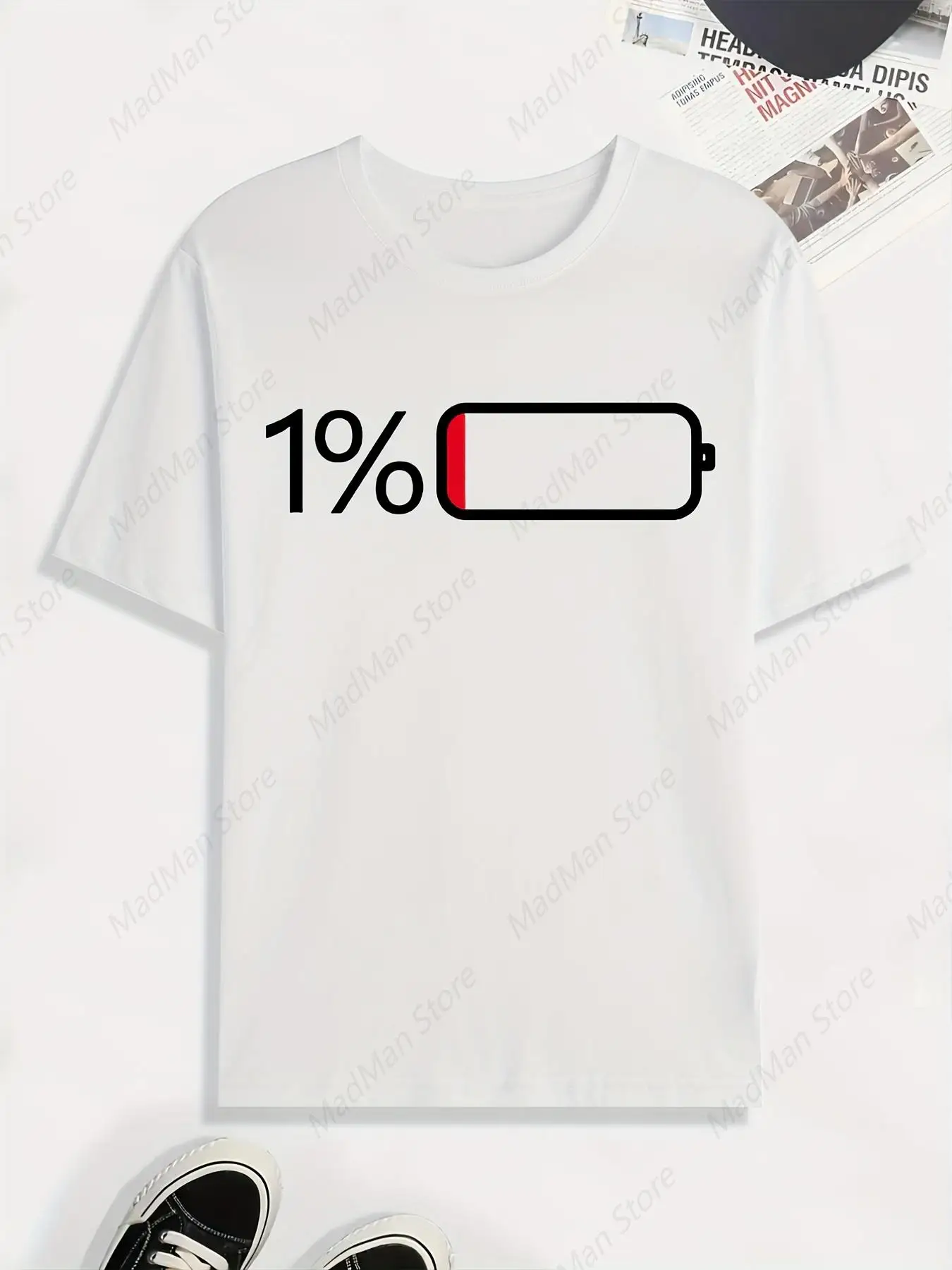 Battery Low Print T Shirt, Tees For Men, Casual Short Sleeve Tshirt For Summer Spring Fall, Tops As Gifts