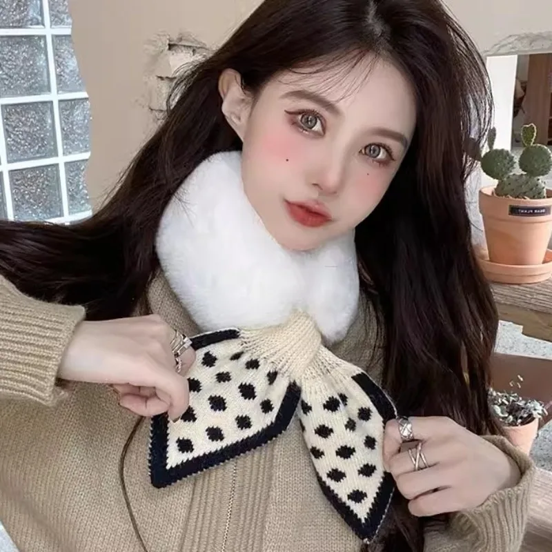 Autumn Winter Korean Super Soft Furry Warm Polka Dot Scarf INS Style Plush Cute Simple Vintage Versatile Scarf Cross Connection