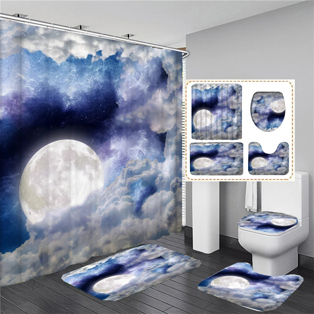 Waterproof Shower Curtain Set Moonlight Sea Starry Sky Scenery Bath Rug and Mats with Hooks Toilet Seat Cover Bathroom Decor