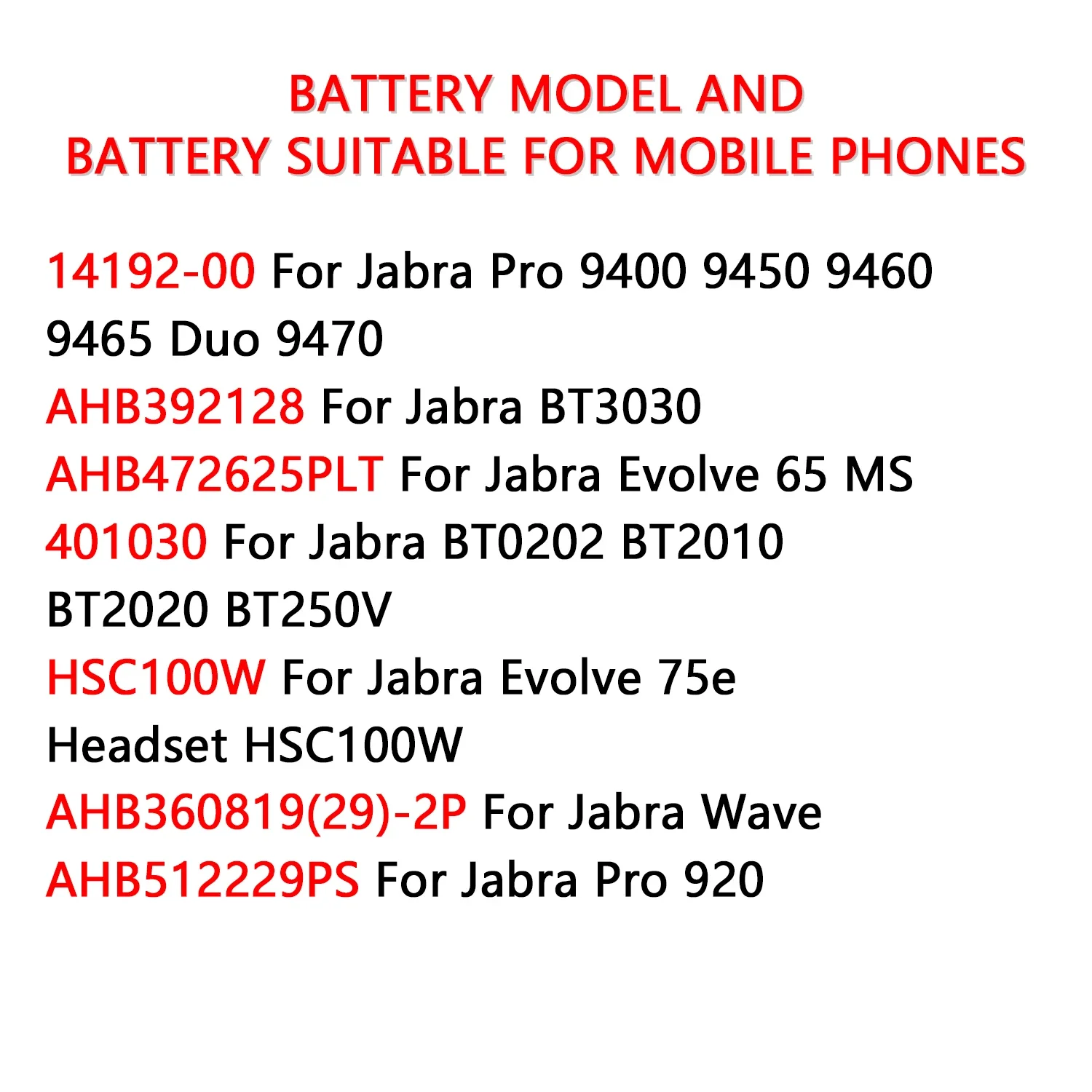 HSC100W AHB360819(29)-2P AHB392128 14192-00 nueva batería para Jabra Evolve Pro 65 75E MS Wave 920 9400 9450 BT0202 BT2010 BT3030