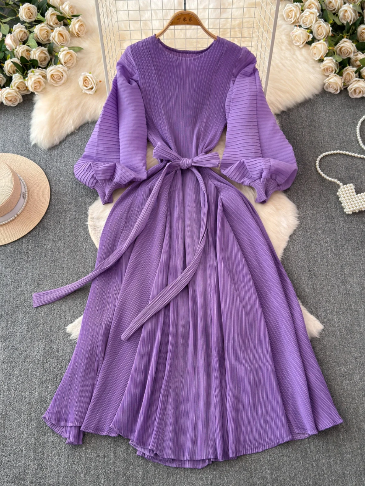 

SuperAen 2024 High Waist Round Neck Dress Spring and Autumn New Style Solid Color Waist Wrapped Pleated Long Dress