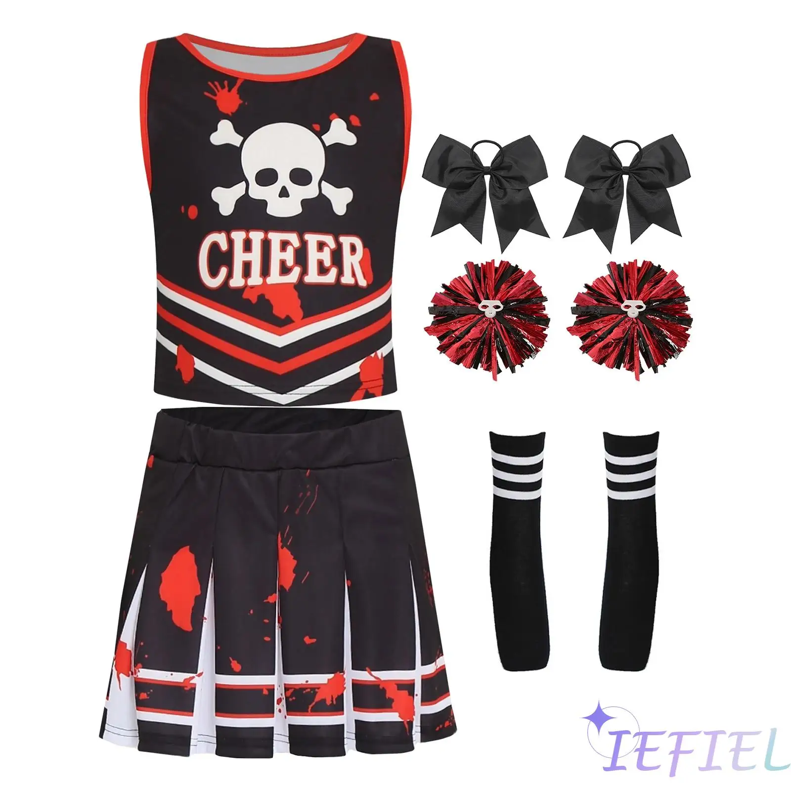 

Spooky Cheer Leader Outfit Set for Girls Skull Print Top with Pleated Skirt And Complete Accessories for Halloween Parties