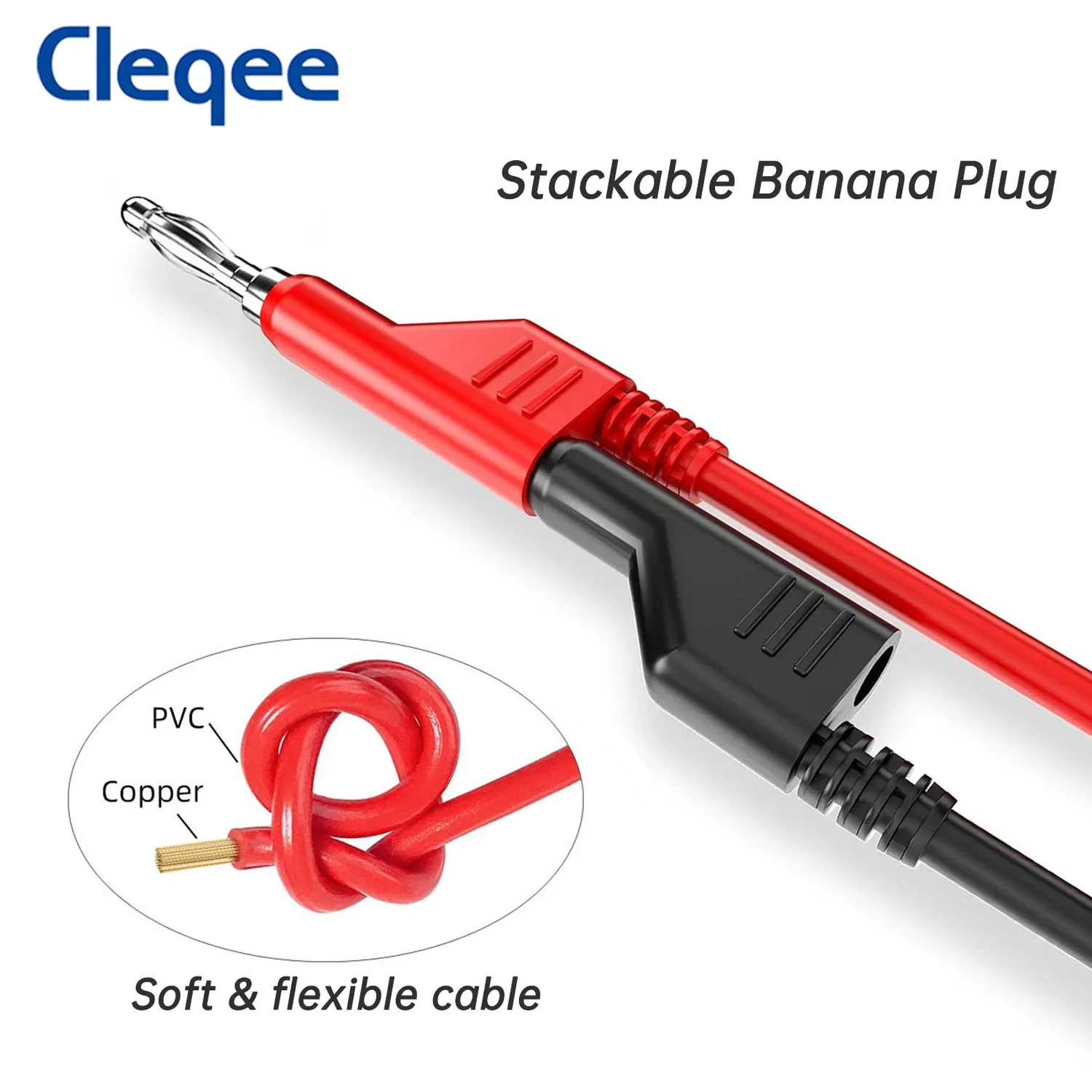 Cleqee-cables de prueba de multímetro P1036, enchufe Banana apilable de 5 piezas y 4mm, Cable de enchufe Banana de cobre Dual de 100cm, Cable