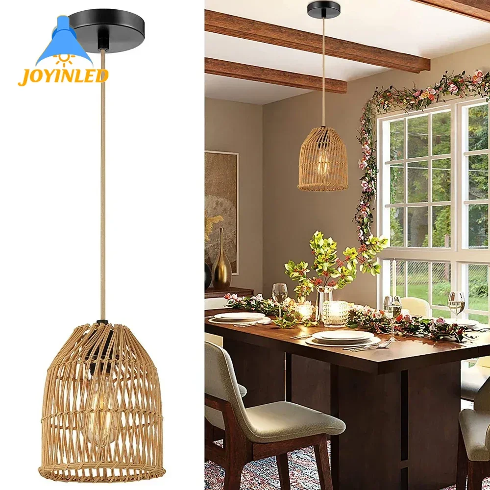 Imitation Bamboo Rattan Weave Hanging Lamp Handwoven Rope Light Cover Pendant Lights Restaurant Bedroom Decor Lighting Fixture