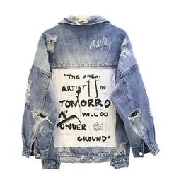 Women's Graffiti letter BF denim jacket coat loose   parkas