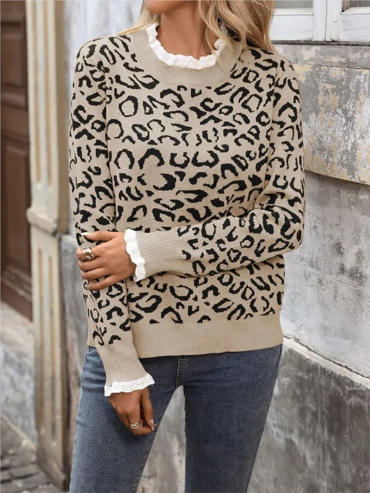

Women's Lace Stitching Round Neck Leopard Print Knitted Sweater Commuting All-match Loose Simple Style Pulls Femmes Comfortable