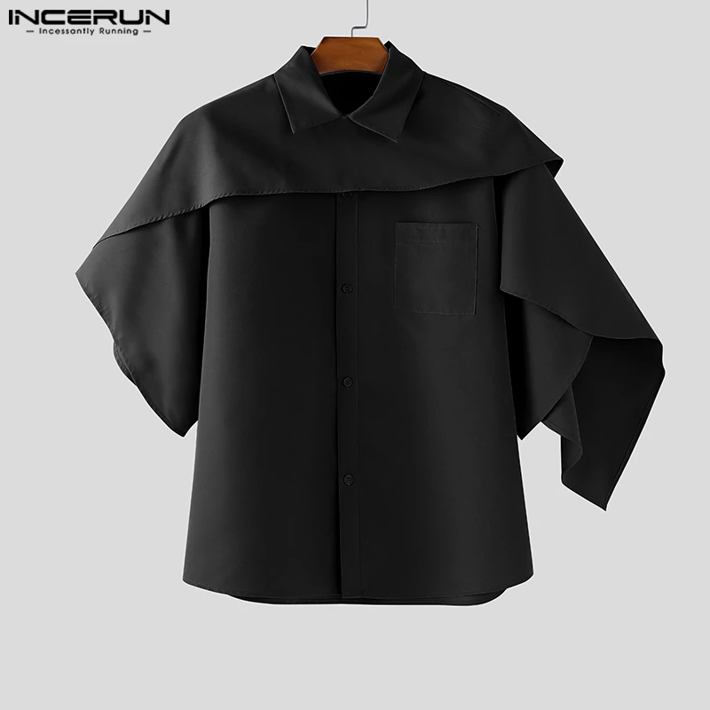 INCERUN Men Irregular Shirt Solid Color Lapel Short Sleeve Cape Shirts Men Streetwear 2026 Loose Fashion Men Clothing Tops S-5XL
