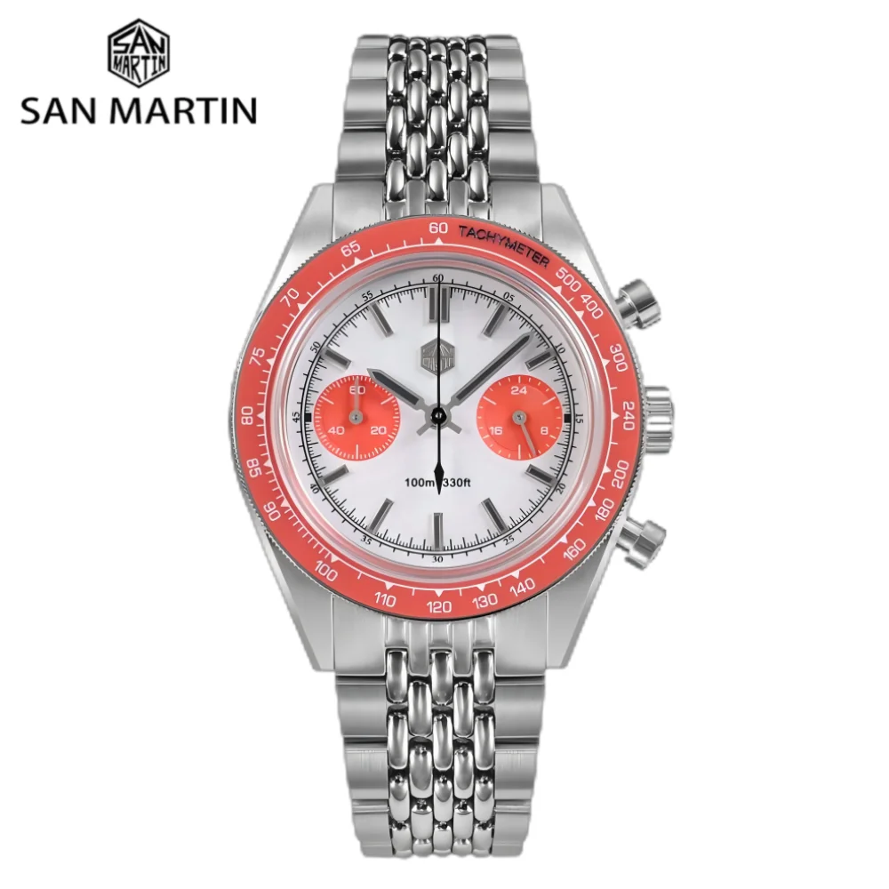 

Часы San Martin с хронографом, мужские кварцевые наручные часы VK64, 39,5 мм, оригинальные спортивные часы с секундным сапфиром, водонепроницаемые, 10 бар, SN0116JS