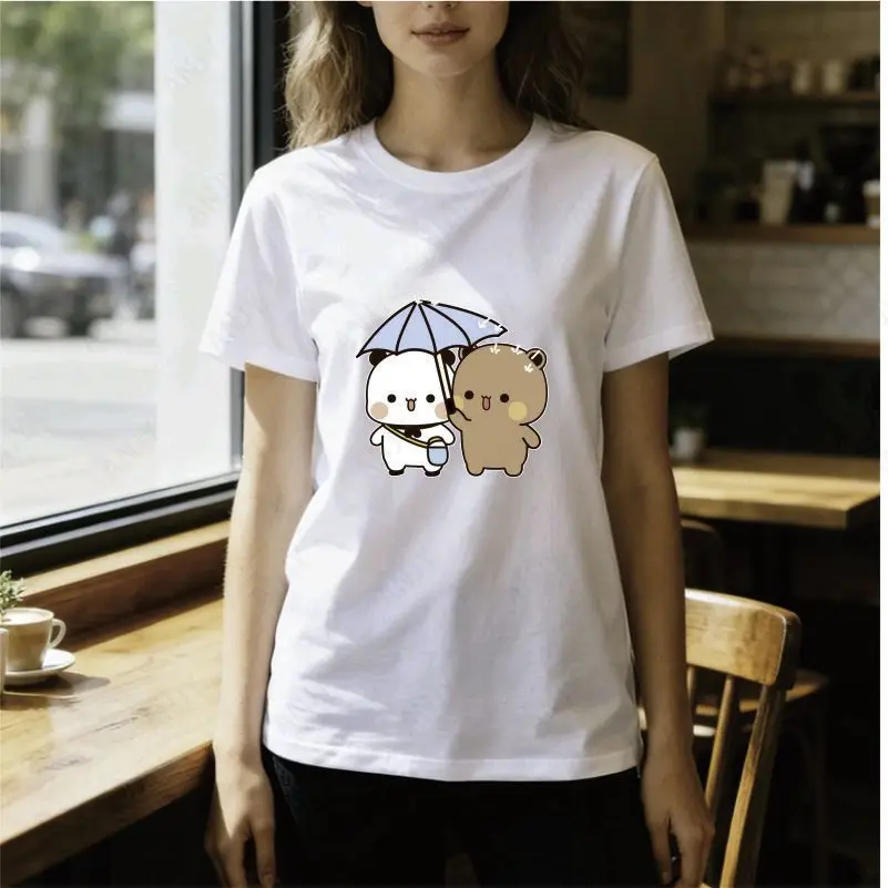 Japanese Soft Cute Animal T-shirt Cute Panda Bear Feeding Cat Pattern Loose Round Neck Top