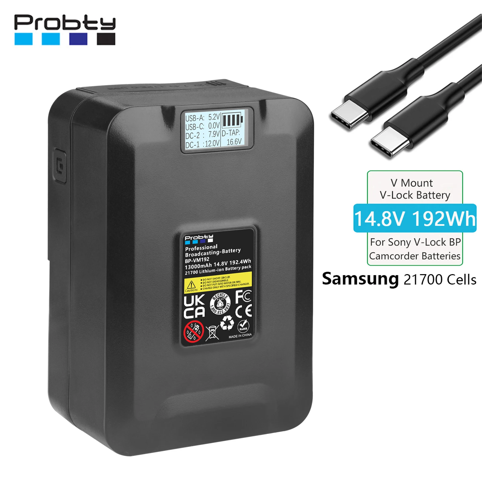 V Mount V-Lock 192Wh Battery BP Battery With PD60W Cable for Sony Camcorder Broadcast Video Light Blackmagic URSA