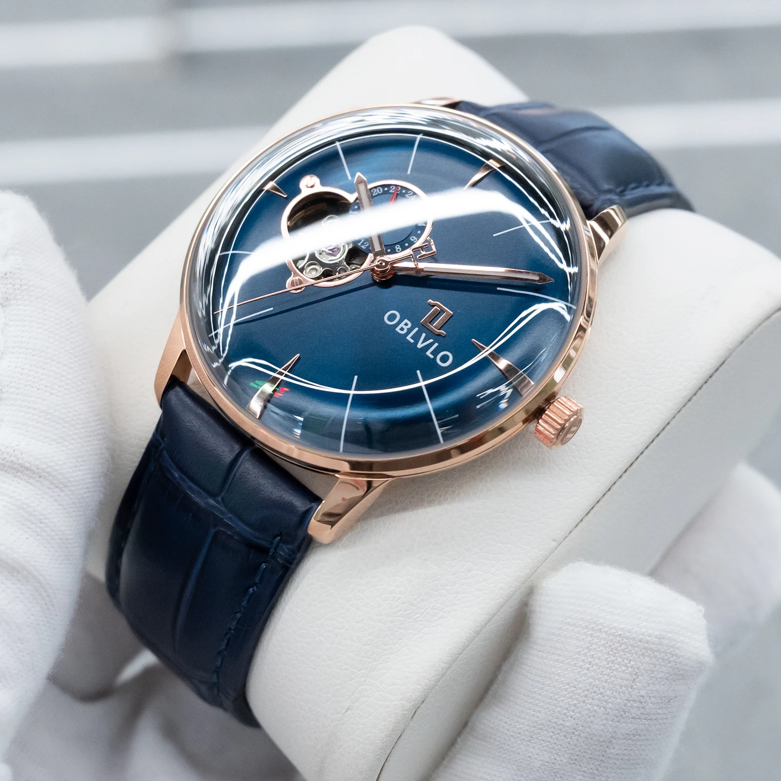OBLVLO Men's 42mm Rose Gold Skeleton Automatic Watch Luminous Hands Leather Strap See-through Mechanical Movement Elegant NW