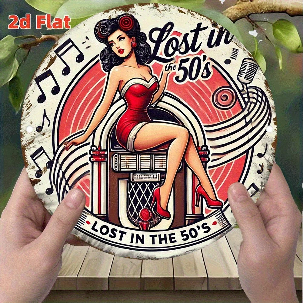 1PC Lost In The 50s Pin-up Girl Round Metal Tin Sign, Retro Jukebox Rock Music Plaque, 2D Flat Wall Decor For Diner Cafe