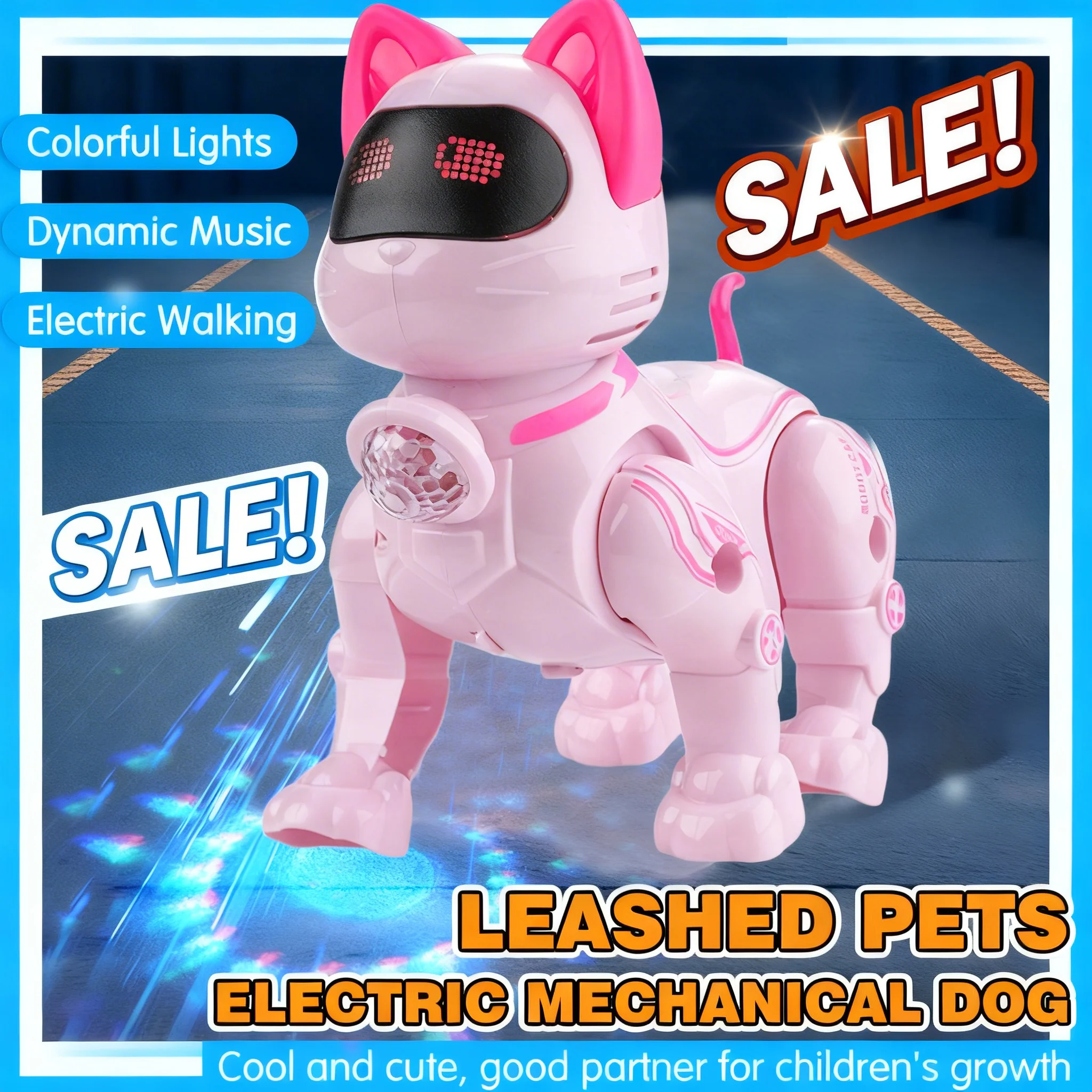 1PC Children's Electric Robot Cat with Leash, Walking Singing Interactive Plush Pet Toy with Lights Music for Kids Gift