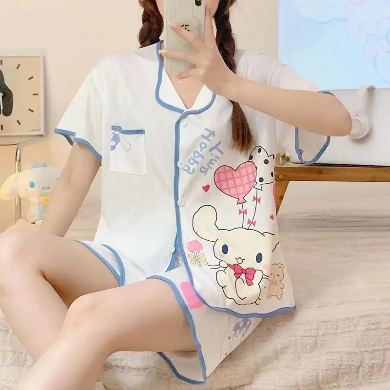 Sanrio Kuromi Cinnamoroll Summer Pajamas Women's Pajamas Sets V Neck Design Print Short Sleeve Sleepwear Home Clothes Homewear