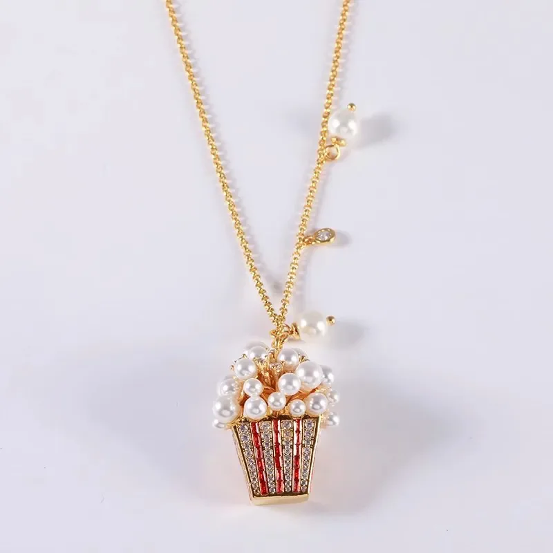 Gorgeous and Exquisite Multi Zircon Gold Color Inlaid Imitation Pearls Popcorn Necklace Women\'s High End Luxury Jewelry Necklace