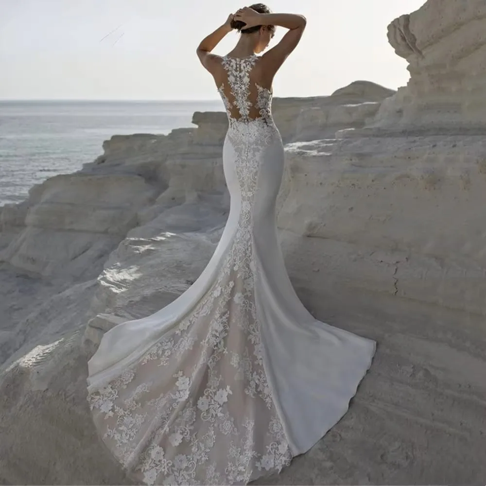 Sexy Meerjungfrau Brautkleider V-ausschnitt Spitze Appliques Illusion Tasten Zurück Satin Formale Brautkleider Vestidos De Novias