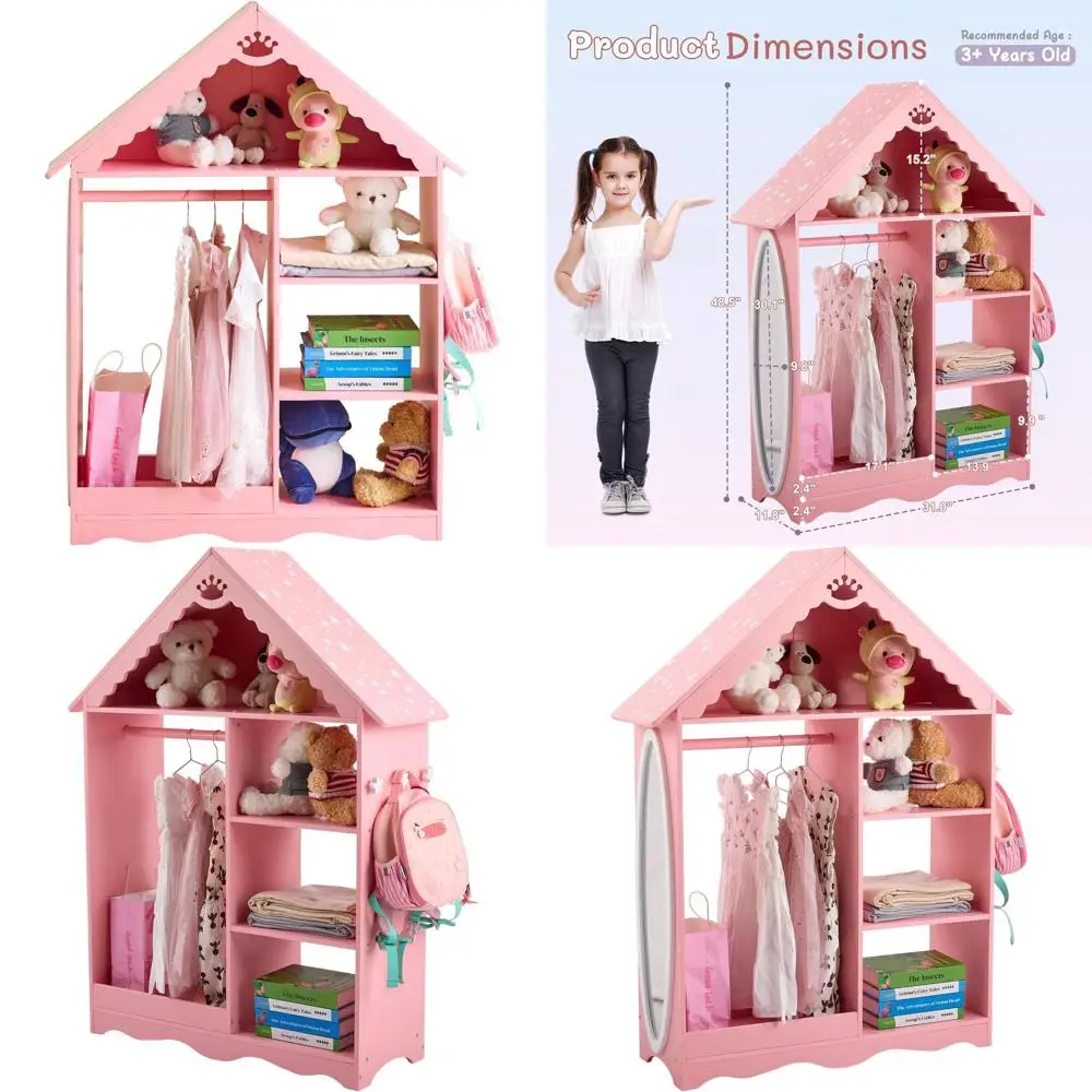 

Зеркальный шкаф для хранения вещей с гардеробом для девочек, комодом и открытым органайзером для подвешивания.