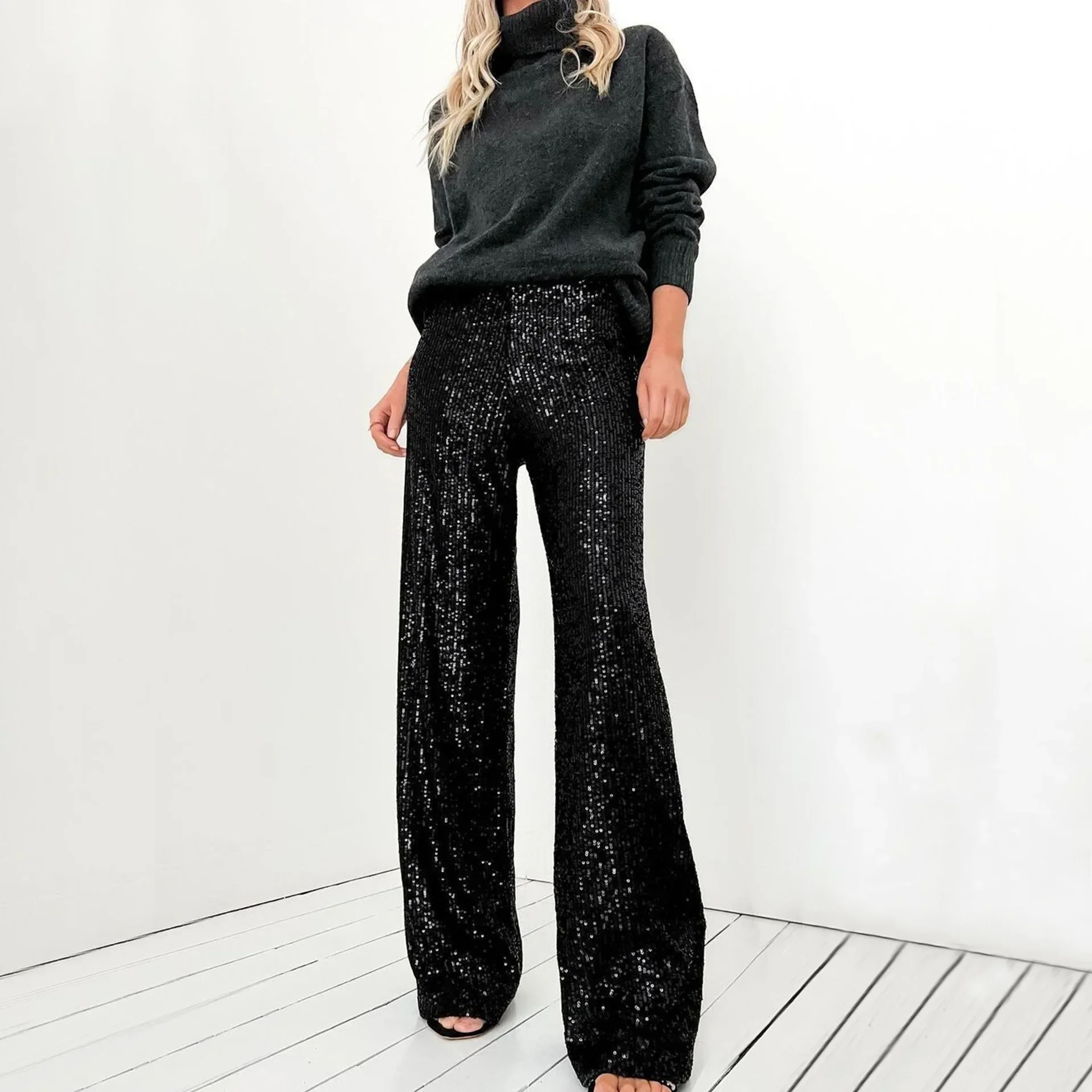 Silver Sequin Female Trousers High Waist Casual Luxury Party Outfit Trousers Fashion High Street Sparkle Straight Legg New