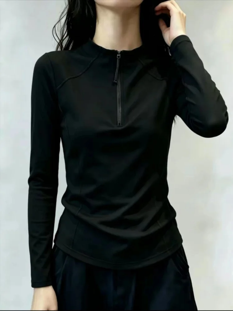 Slim Fit Long Sleeve Zipper Stand Collar T-Shirt Women's Base Shirt plus Size Conceal Belly Upper Apparel Commute Style