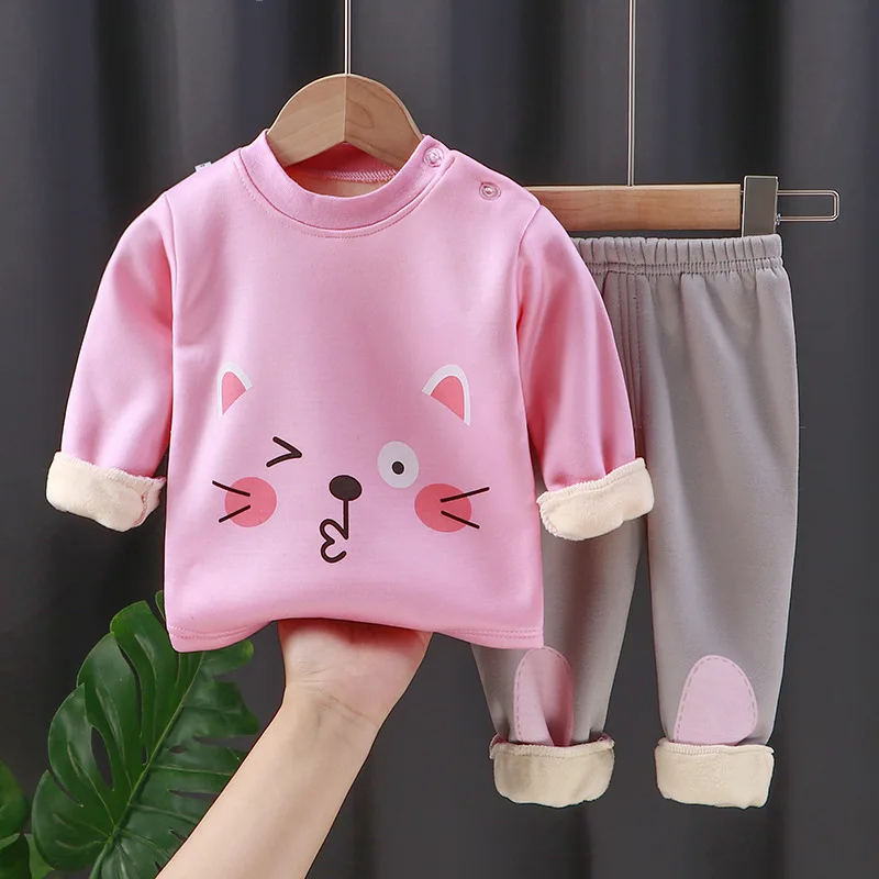 Autumn Winter Thick Warm Comfortable Kids Pyjamas Set Cartoon Padded Long Sleeve Soft Homewear Children Leisure O-Neck Sleepwear