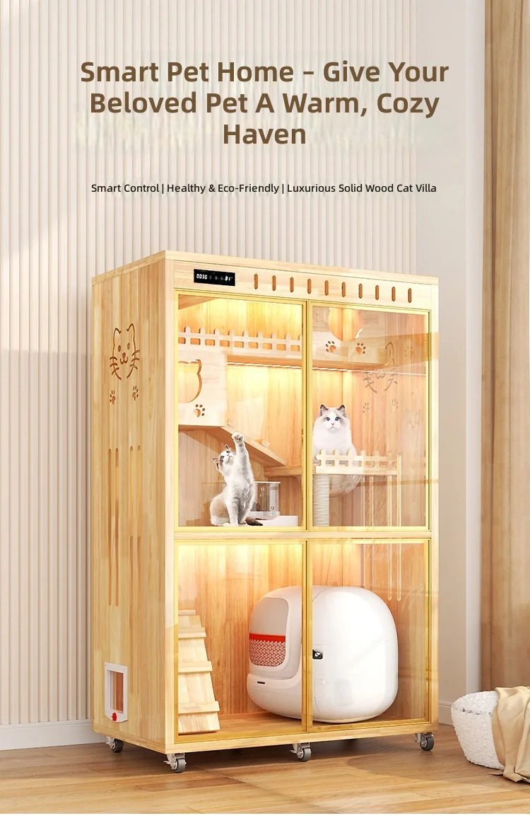 

Wooden Cat House with Open Area, Multi-Level Cat Tree Villa for Large Cats, Solid Pine Wood Cat Condo,Cat Furniture,Cat Tower