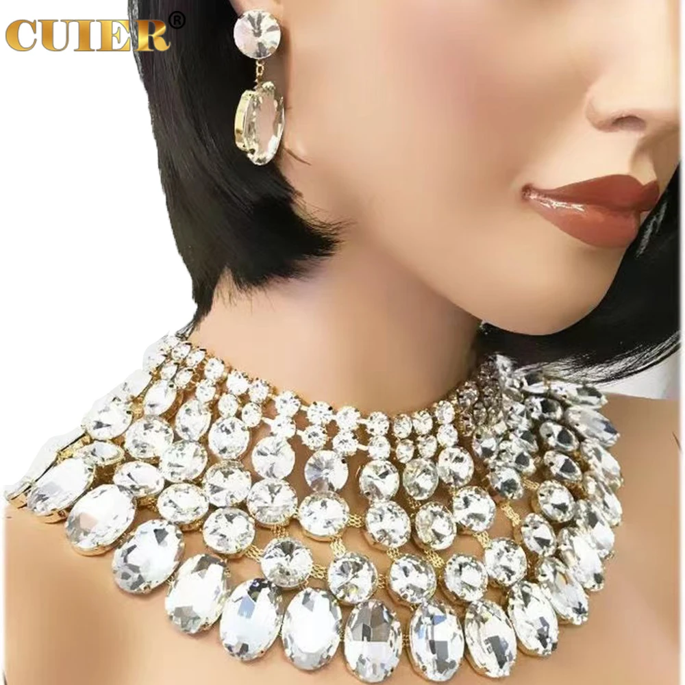 

CUIER Super Gorgeous 6 Layers Glass Gemstones Necklace for women Shiny Crystal Choker Huge Size Drag Queen Accessories TV Show