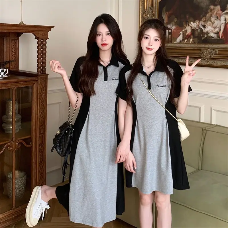 2024 Summer New Lapel Dress for Women's Casual Age Reduction Waist Slimming Slim Fit Mid Length and Short Length Dress for Women