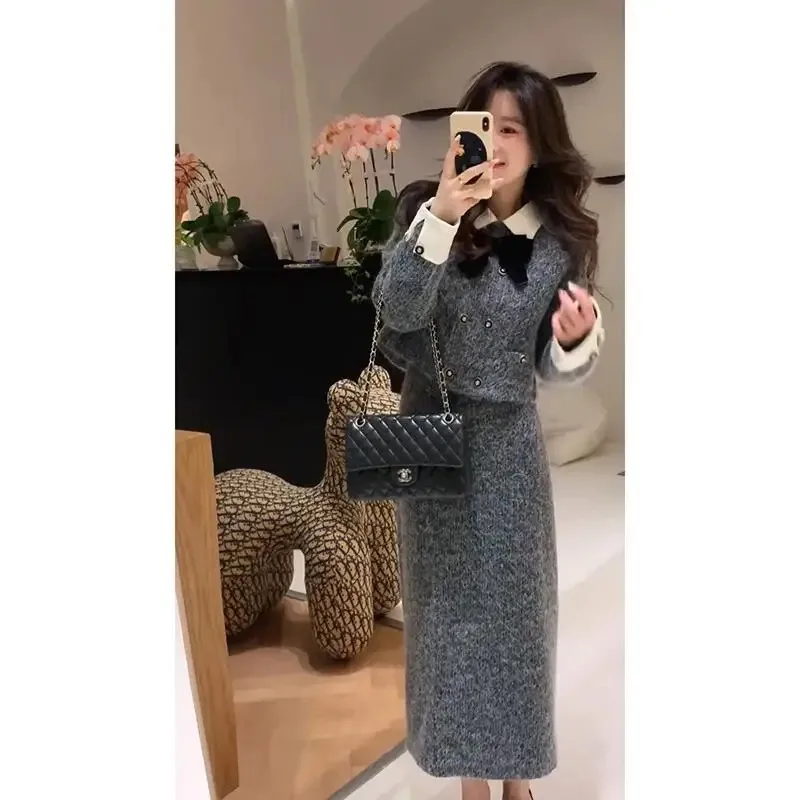 Women's Small Fragrant Style Double-sided Cashmere Blazers Half Skirt Set Retro Bow Tie Woolen Jacket Half Skirt Two-piece Sets