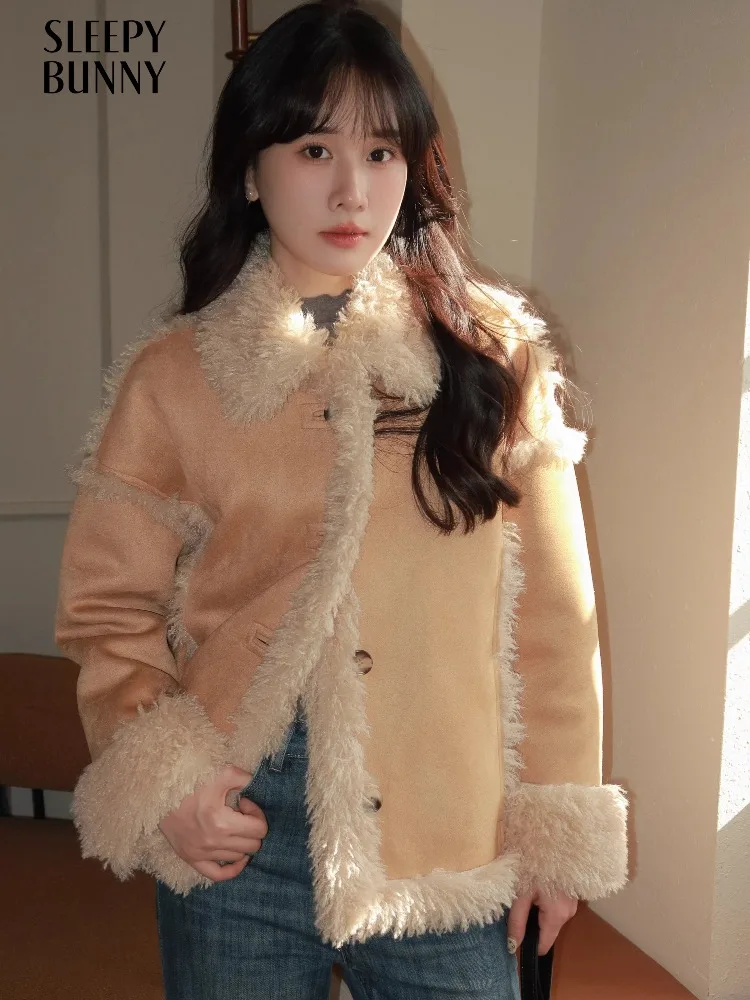 

Теплая шерстяная дубленка, женское зимнее пальто на толстой плюшевой подкладке с отложным воротником, свободная короткая верхняя одежда, повседневная уютная одежда