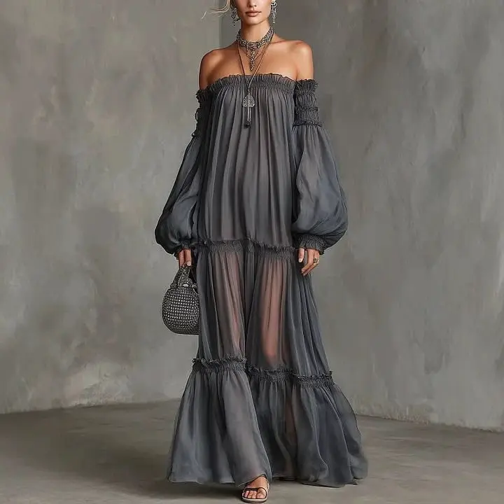 Elegantes schulterfreies Maxikleid mit langen Puffärmeln für Damen, durchsichtiges, gestuftes Rüschenkleid, fließendes, transparentes Strandkleid für Urlaub und Abendveranstaltungen.