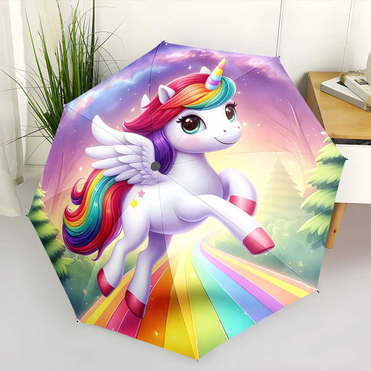 Cute Cartoon Unicorn Print 8 Iron Ribs Folding Umbrella, Auto-Open Fashionable Sunshade, Plastic Handle Deluxe Gift for Kids