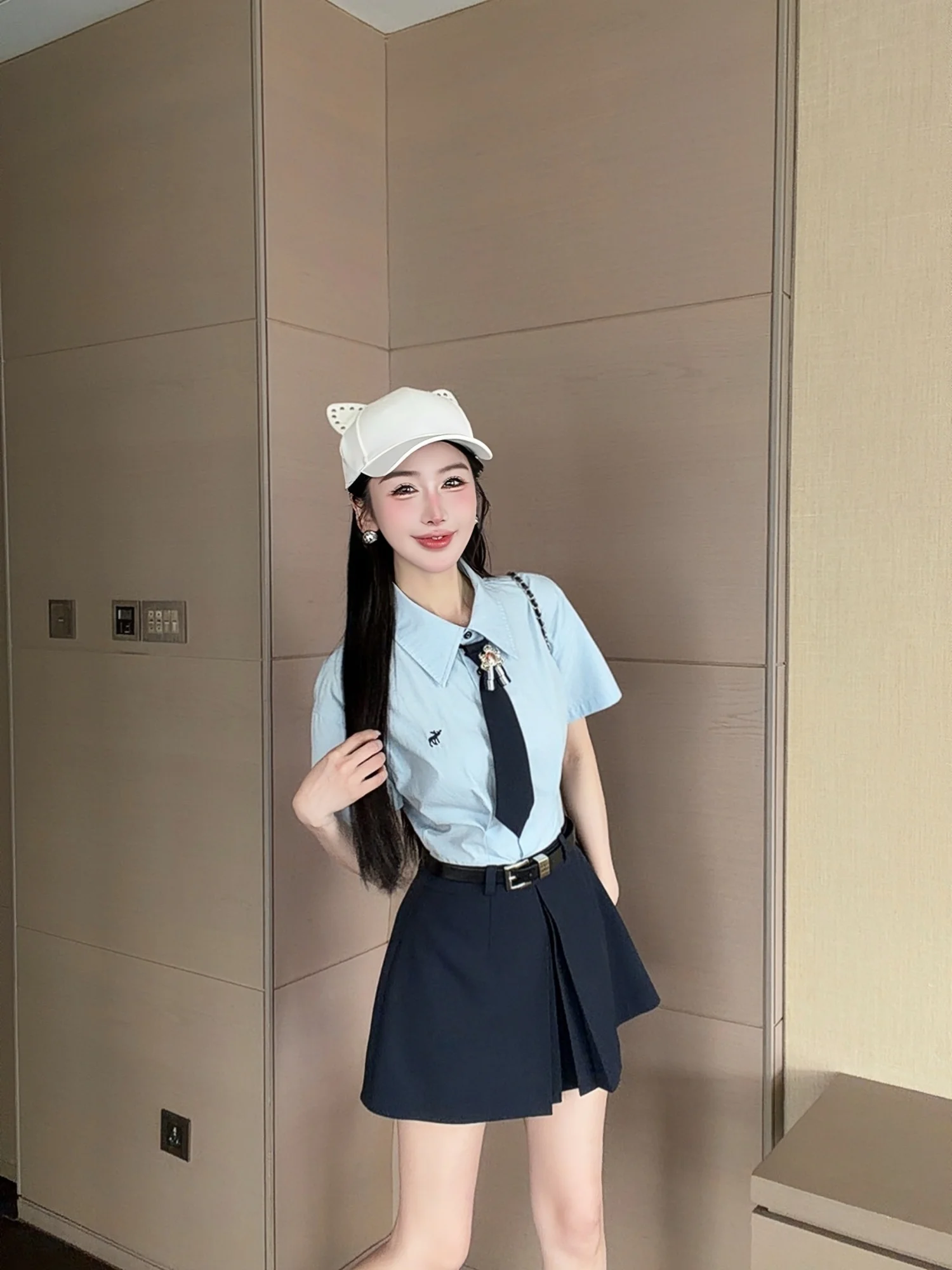 

Slimming Effect College Style Dress with Belt L3734 Summer Fashionable Women's Casual Wear Polyester Breathable Midweight