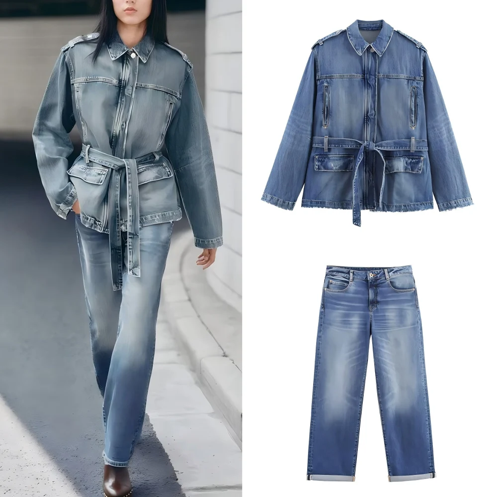 

Women's new fashion with Belt loose Lapel casual denim jacket Coat retro long sleeved zipper women's Coat chic top+Jeans suit