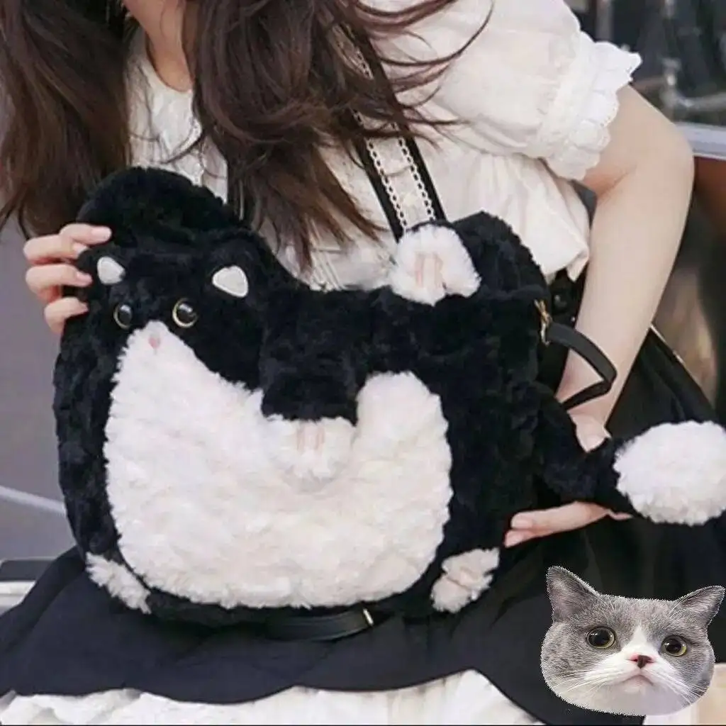 Bloom Sweet Cute Cat Black White Shoulder Women Haruku Aesthetic Plush Y2k Crossbody Bags Girl Large Capacity Tote Bag