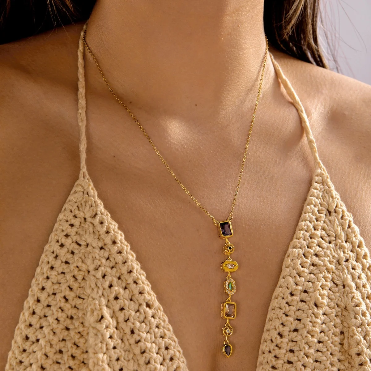 Glänzende Zirkon-Halskette mit geometrischen Verbindungsstücken und Quasten aus Edelstahl für Damen und Herren, Herz, Auge, Wassertropfen, Sonne, Mond, Stern, Choker-Schmuck – Detail 15