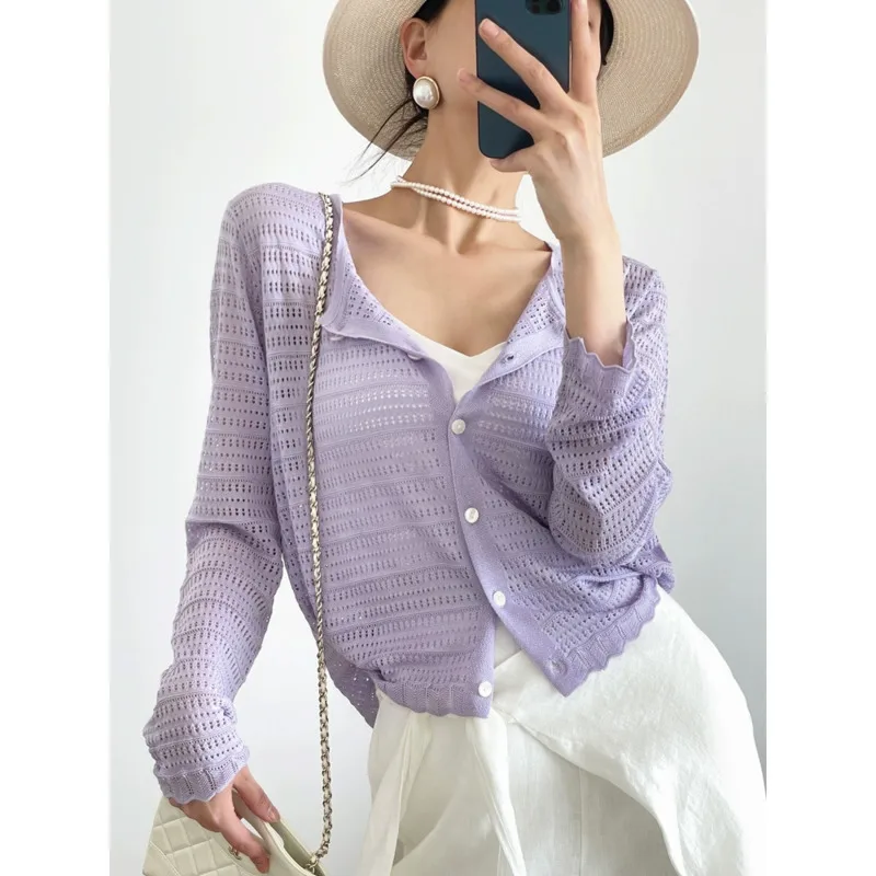 

Летние тонкие открытые кардиганы женские 100% лиоцелловые однобортные вязаные топы с круглым вырезом и длинными рукавами