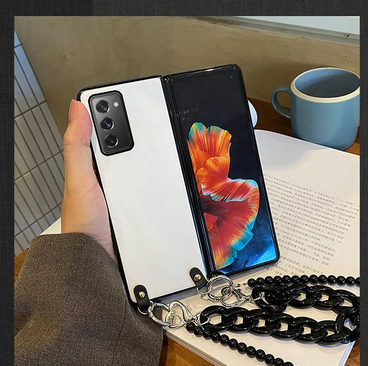 Moda de luxo flor suporte pérola crossbody cinta corrente caso couro para samsung galaxy z fold6 caso z fold5 3 capa z fold4 2