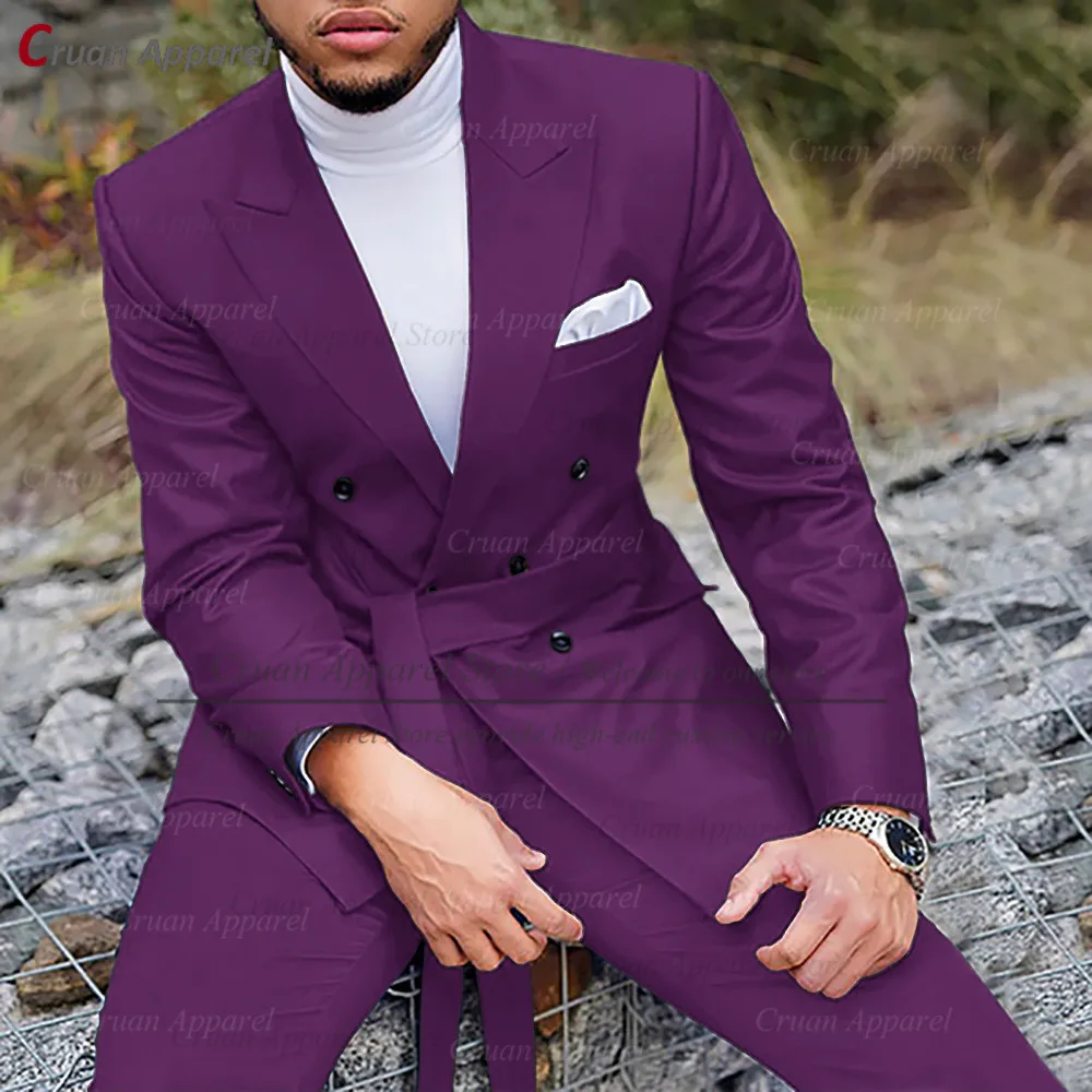 

20 Color Fashion Purple Suits for Men Wedding Groomsmen Groom Tuxedo Tailor-made Double Breasted Pink Blazer Pants Belt Set 3Pcs