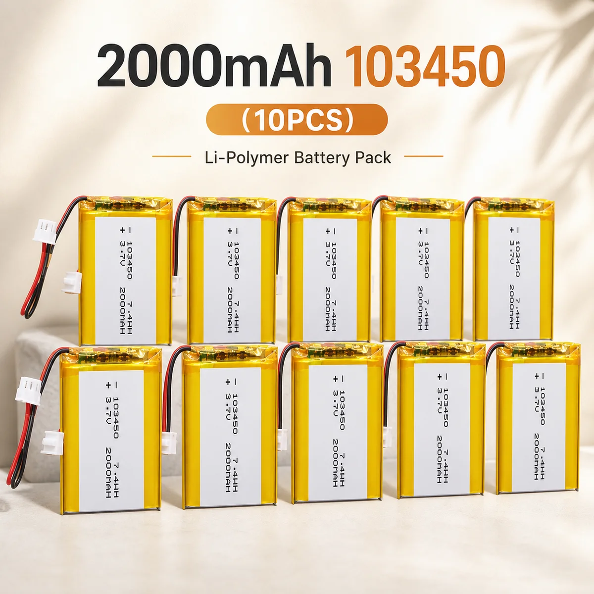 Image of LiPo-Akku 103450 3,7 V 2000 mAh mit JST PH 2,0 mm 2-Pin-Stecker, wiederaufladbare Lithiumzelle für GPS-Kamera, MP5, Bluetooth-Headset