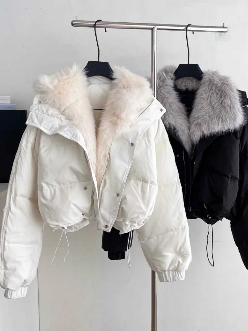 

High End Temperament Fur Patchwork Long Sleeve Cotton Jacket For Women Winter 2025 Thick Drawstring Short Coat Trendy W1348