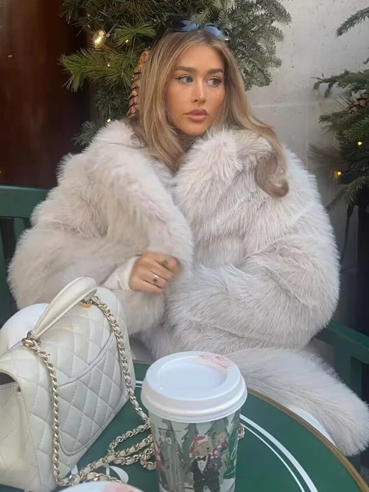 HH Women's Winter New Fashion Lapel Solid Pockets Long Sleeves Fur Coats Female Vintage High Street Causal Warm Fur Jacket