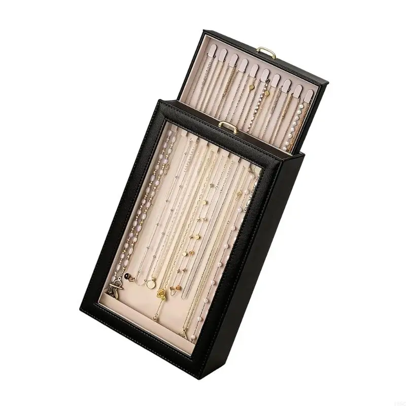 195C Necklace Display Case, Double Sided 20-Hook Jewelry Storage Box with Clear Window and Pull-Out Access for Vanities