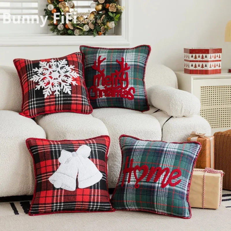 

Чехол для подушки из искусственной шерсти с рождественской вышивкой, красный, зеленый, клетчатый, наволочка с принтом, 45*45, рождественский фестиваль, украшение для дома